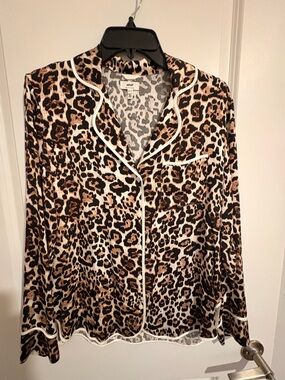 Women’s Aerie Leopard Print Button-Down Pajama Top with White Trim